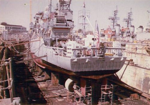 USS Venture MSO-496 in drydock at Portsmouth, VA, October 1966<br>Venture was a one-of-a-kind MSO.  Pictured here is the Kort nozzles installation around her screws.  No other MSO's were so equipped.