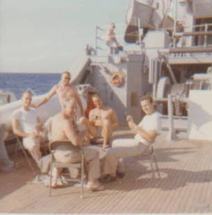 USS Venture MSO-496 Standing; EMC Evans, L-R; Gorgas, ENC Hinsley, Lenga, Thompson; 1963-1965