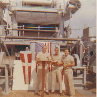 USS Venture MSO-496 Church Service; L-R; Thompson, Lenga, Trimble; 1963-1965